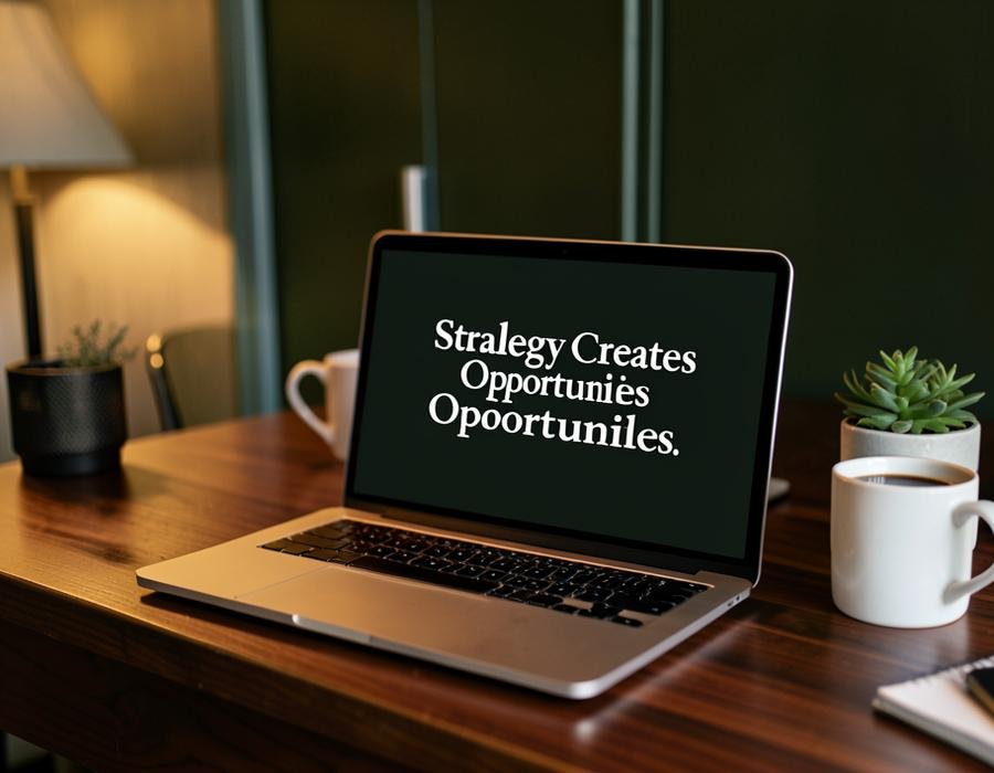 Laptop showing Strategy Creates Opportunities on a Nestcraft desk