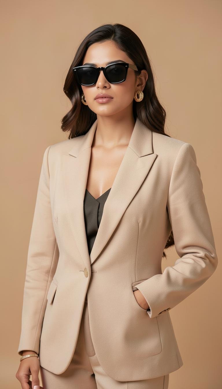Lifestyle fashion model in sunglasses and beige blazer